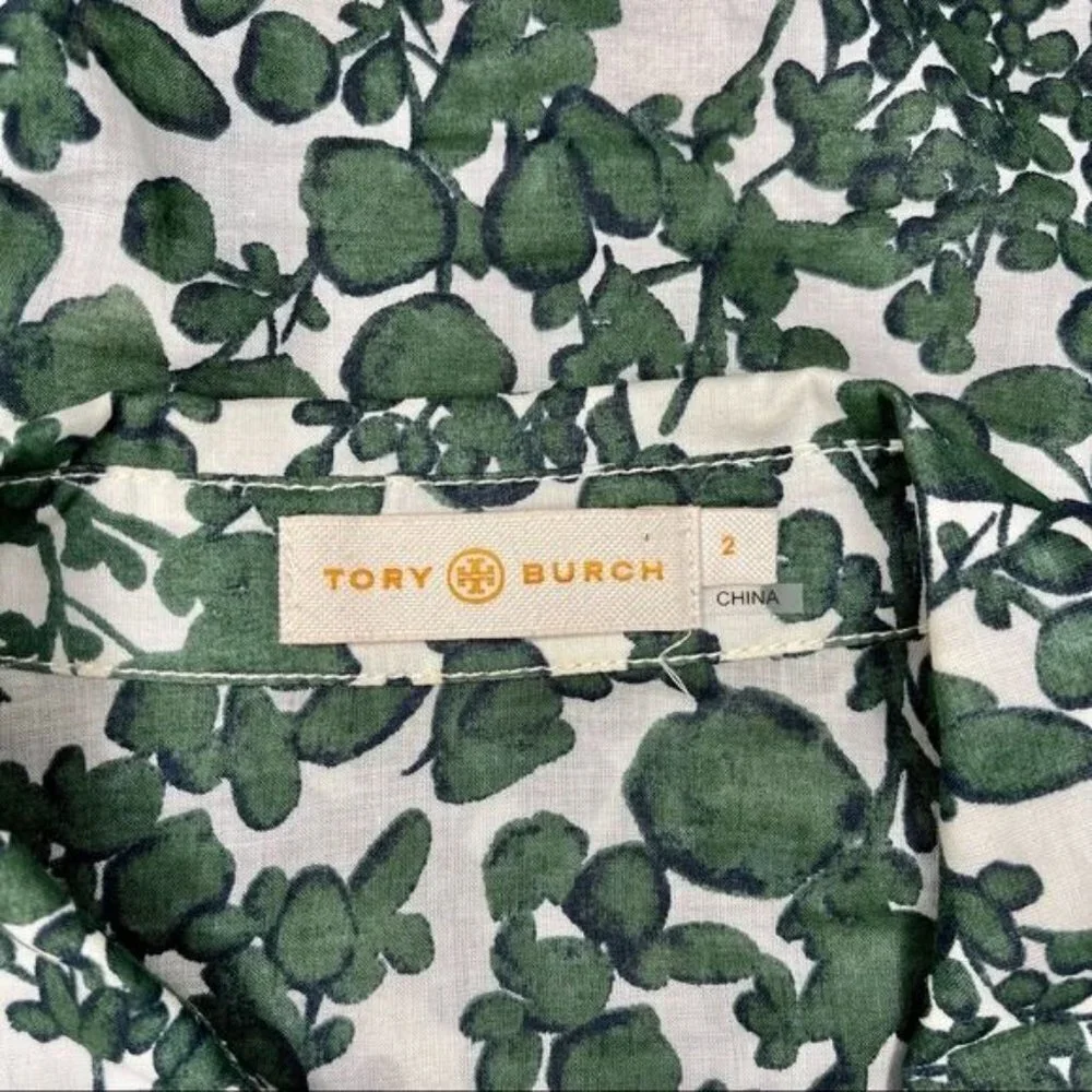 Tory Burch Issy Vine Leaf Print Button Down Shirt Utility Roll Tab 2 XS
